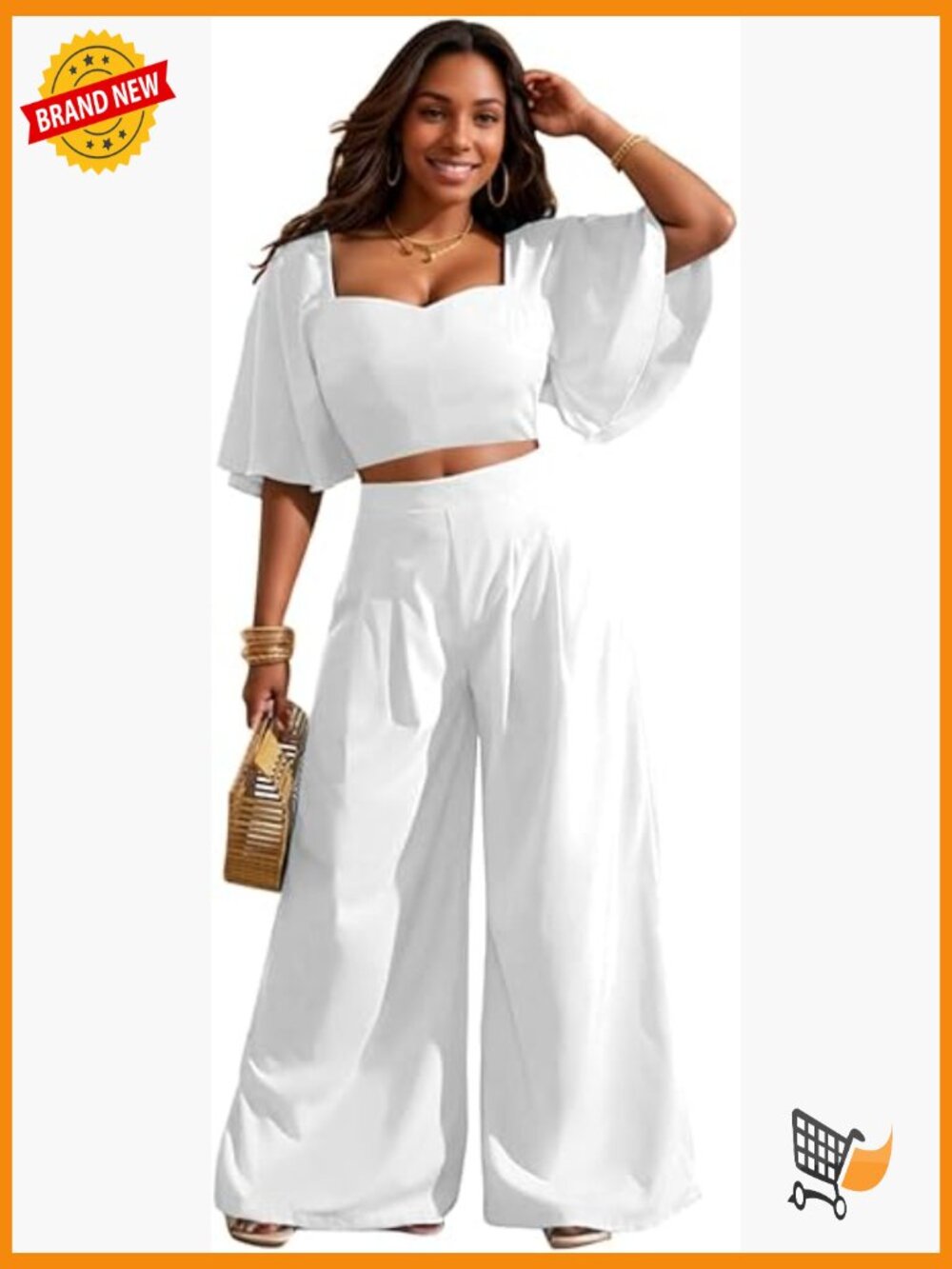 Women's 2 Piece Outfits Ruffle Sleeve Crop Top Wide Leg Pants Set